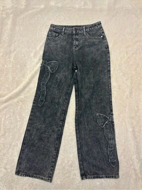 Black Acid Wash Wide-Leg Jeans with Bow Detail